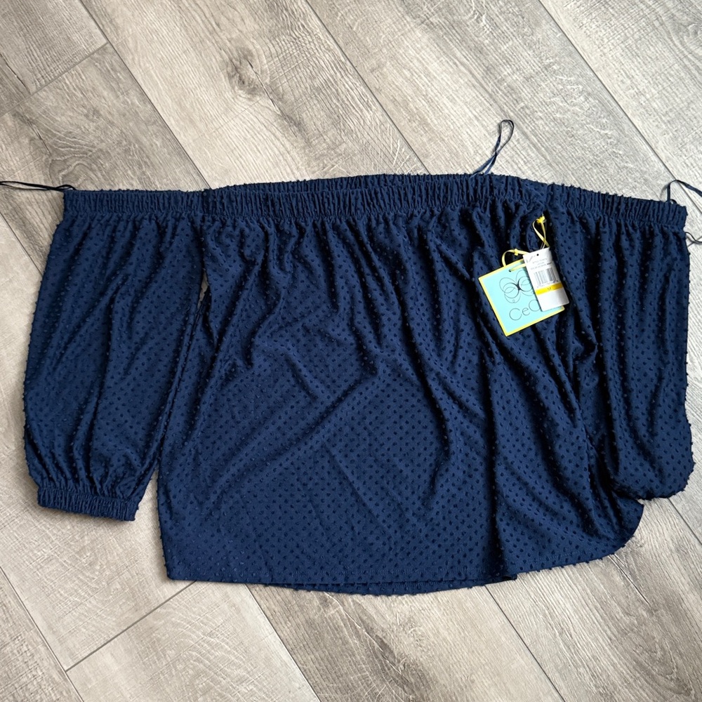 NWT Cece Soortwear Navy Blue Textured Off-Shoulder Top, women medium